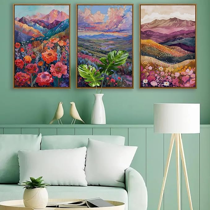 QTUSYUR Watercolor Wildflower Wall Art - Large Farmed Country Landscape Art Print - Colorful Mountain Floral Canvas Artwork for Farmhouse Living Room- Abstract Flower Painting for Home Decor 16”×24”×3