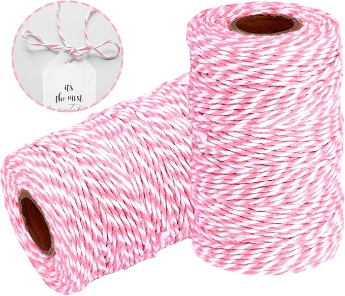 Cotton Twine String Bakers Rope: 2 Roll Twines for Crafts Gift Wrapping - 656 Feet Pink White Twine for Kitchen Cooking