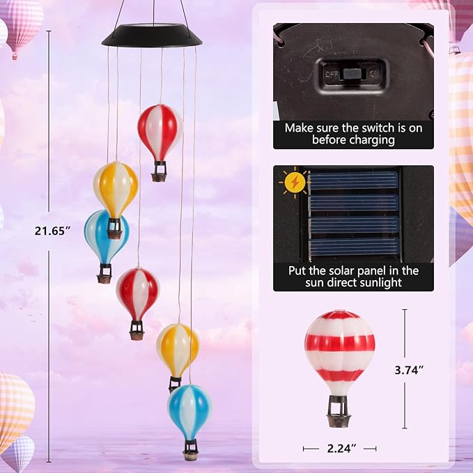 Solar Wind Chimes for Outside, Color Changing Hot Air Balloon Wind Chimes Solar Lights for Outside Garden Outdoor Patio Décor, Gifts for Mom Birthday Gifts for Women Grandma Wife Friend