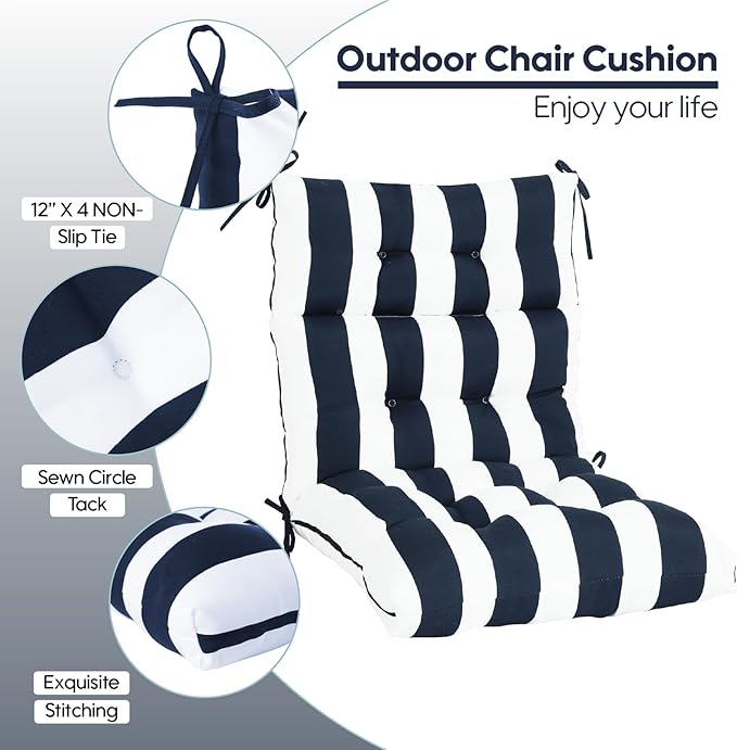 High Back Chair Cushions Set of 2, Adirondack Chair Cushion with Waterproof, Rocking Chair Cushion for Outdoor Patio, Garden Porch 45”x 22”x 4 (2, Navy White B)