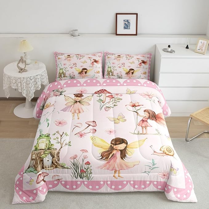 Erosebridal Dreamy Fairy Toddler Bedding Set,Pink Floral Garden Comforter Set for Girls Kids,Mushroom and Frog Comforter,Kawaii Flower Butterfly Bedroom Room Decor,1 Pillowcase Reversible