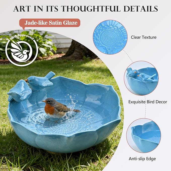 Ceramic Bird Bath for Outdoors, 10.1” Hand-Painted Glazed Ceramic Bird Baths Bowls and Feeders for Outside, UV/Frost-Resistant Finish Ground Garden Table Top Bird Baths Decor for Patio Yard Home Blue