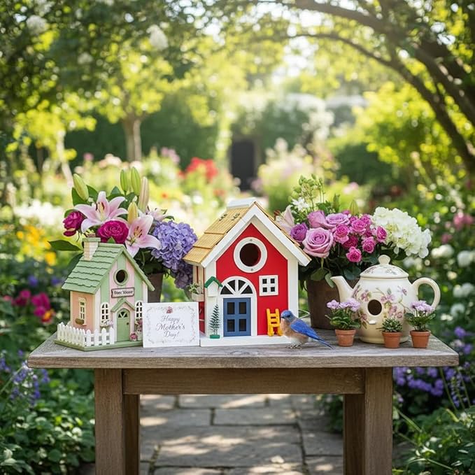 Masterpiece Bluebird House for Outside - Solid Cedar Wood Bird House Bird Feeder for Outdoor - Stainless Hardware - 2 Optional Hole Size 1.5" /1.25" - Garden Center Piece (Red Mansion)