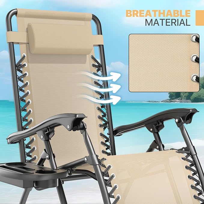 Magshion Zero Gravity Lounge Chair, Adjustable Folding Recliner with Cup Holder Side Tray & Removable Headrest Pillow, Portable Outdoor Patio Lounger for Camping, Beach, Lawn, Backyard