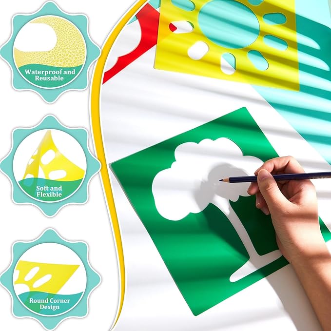 Epakh 24 Pieces Stencils for Kids 8 Inches Drawing Stencils Chalk Template Large Washable Geometric and Garden Themed Primary Shape Template for Kids Toddlers Preschooler(Primary Style)