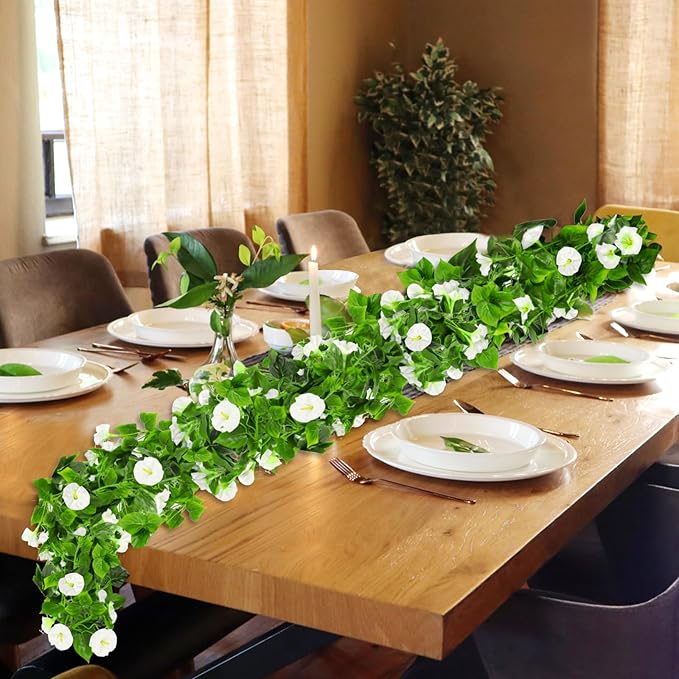 AirSun Artificial Morning Glory Flower Vines, 2pcs 15Feet Hanging Plants Silk Garland Fake Green Plant Home Garden Wall Fence Indoor Outdoor Wedding Birthday Decor