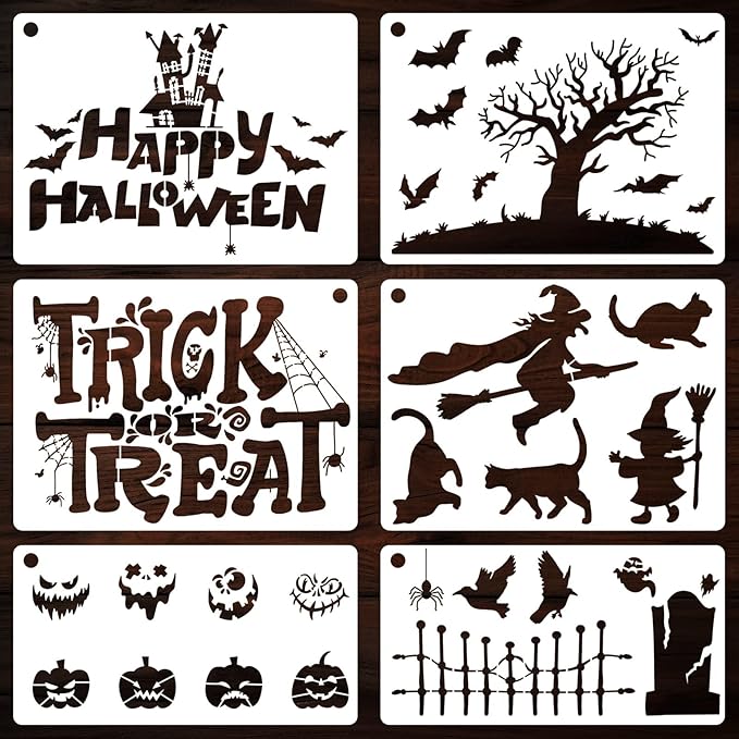 YKW Halloween Stencils 6 Pack Large, 9.6x7 9.6x5 Inch Reusable Spooky Templates for Painting Wood Signs Fabric Trick Treat Decorations
