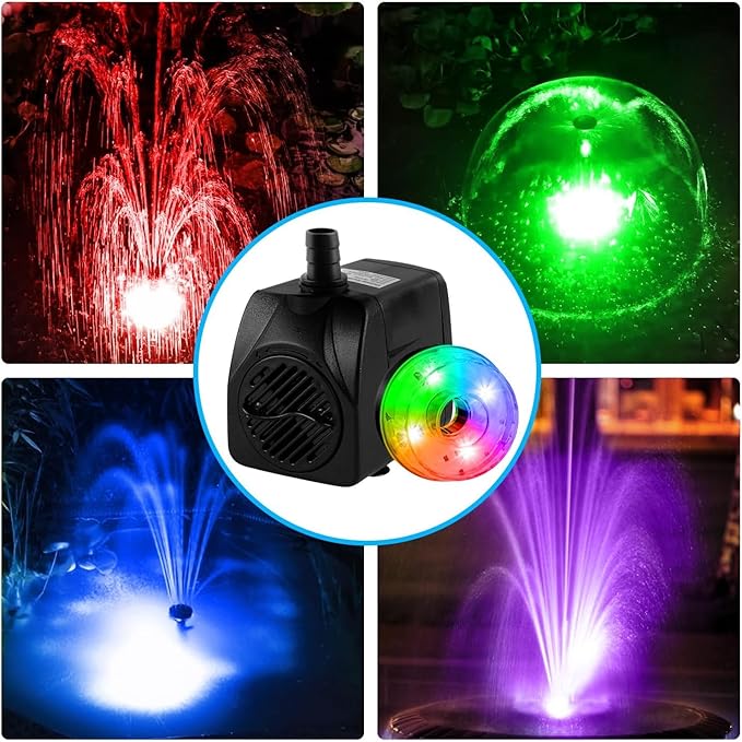 15W 800L/H Submersible Fountain Pump with LED Lights, Adjustable Quiet Water Pump, Pond Fountain Pumps for Water Feature, Garden, Aquarium Fish Tank, Indoor Outdoor Fountain with 3 Type Nozzles