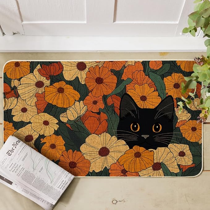 Artoid Mode Black Cat Flowers Spring Doormat, Home Summer Decor Low-Profile Switch Rug Door Mat Floor Mat for Indoor Outdoor 17x29 Inch