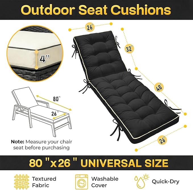80x26 Inch Folding Chaise Lounge Cushion Quick Dry - Outdoor Sun Lounger Seat Pad with Shredded Foam for Patio Furniture, Deck Chairs, Poolside (Black, 80 INCH × 26 INCH)