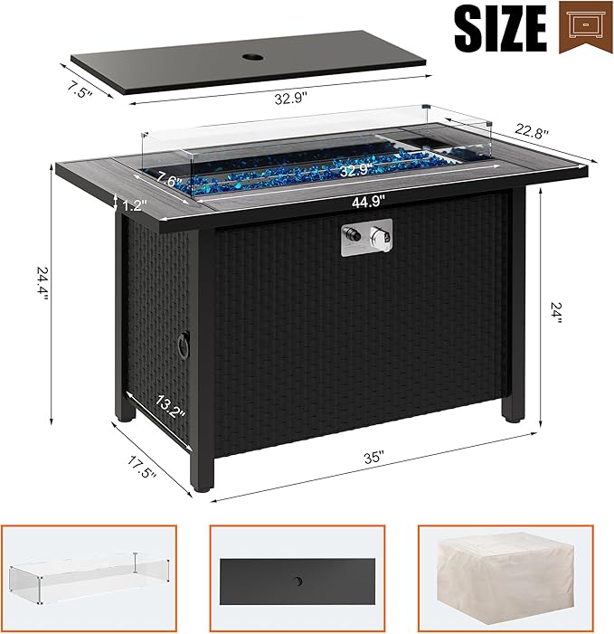 Walsunny 45 inch Outdoor Propane Fire Pit 50,000 BTU Gas Fire Pit Table with Lid, Glass Wind Guard, Waterproof Cover, Rectangle Gas Firepit Table for Garden/Patio, CSA Certification