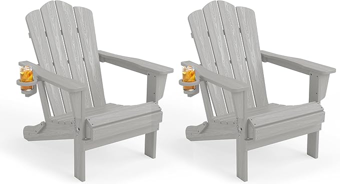 KINGYES Folding Adirondack Chair Set of 2, HDPE All-Weather Patio Chairs with Cup Holder, Wooden Textured Fire Pit Chairs for Poolside, Backyard, Deck, Silver Grey
