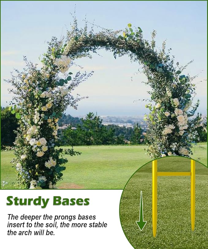 Queension Metal Wedding Arch for Ceremony Party Decoration 7Ft Wide 7.7Ft High,Garden Arch Trellis with Ground Bases for Climbing Plants,Outdoor Garden Arbor for Roses Vines, Round Frame, Gold