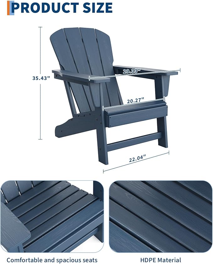 Modern HDPE Plastic Adirondack Chair - Oversize 380 LB Poly Lumber Weather Resistant Firepit Chair - Outdoor Patio Chairs with Wooden Textured for Garden, Backyard, Lawn, Deck, Pool, Porch - Navy Blue