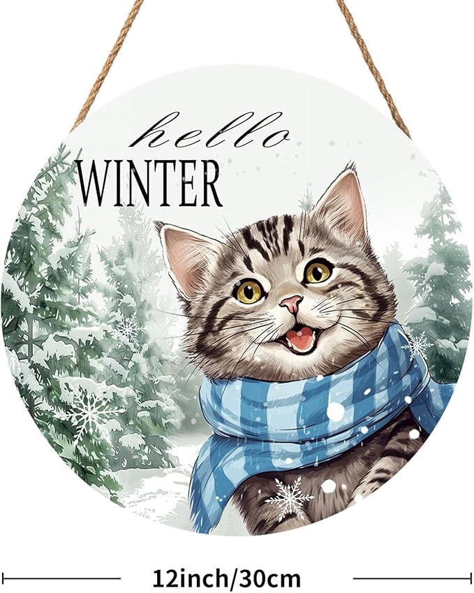 Hello Winter Cute Cat Door Sign For Front Door Decor,Green Pine Tree White Snowflakes Wooden Sign 12"x 12" Round Wood Hanging Door Sign Christmas Decoration for Wall Rustic Porch Decor