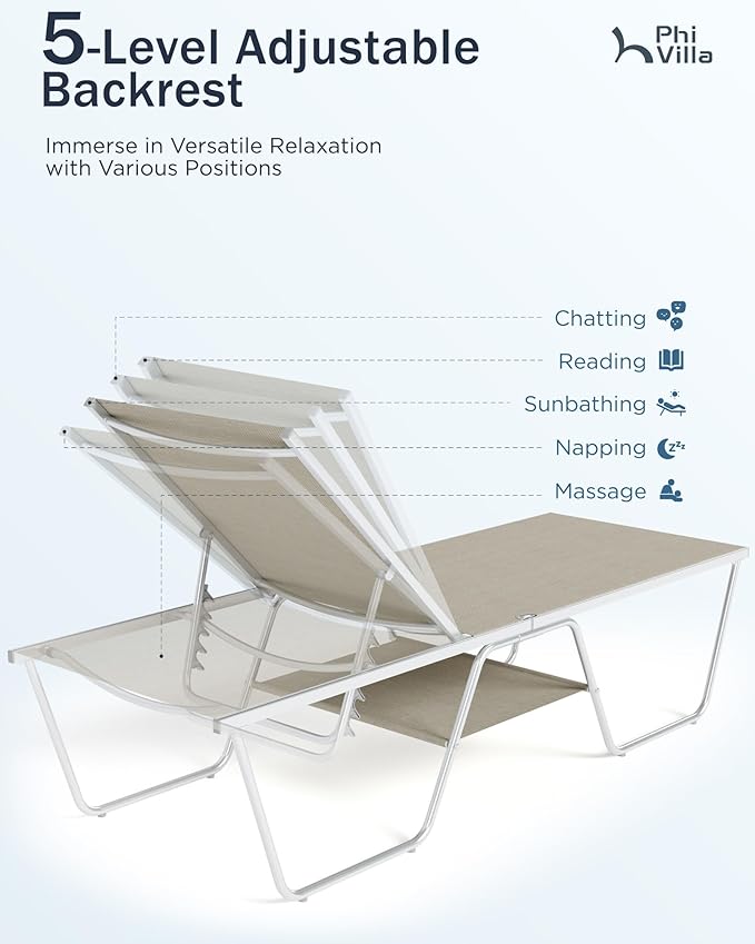 PHI VILLA 78" Oversized Outdoor Chaise Lounge Chair, 27" Extra Wide Foldable, 5-Position Adjustable, UV50+ Textilene Mesh, Rust-Proof Frame, Khaki Beige