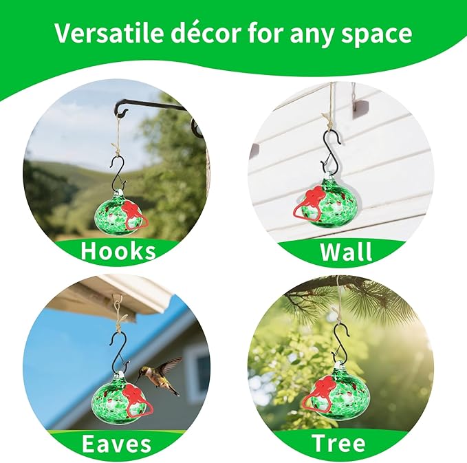 Small Hummingbird Feeders for Outdoors Hanging,Hand-Blown Glass Hummingbird Feeder with Silicone Feeding Perch,Never Leak,Gardening Gifts for Woman Man(Green)