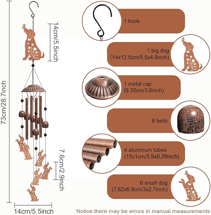 Dog Wind Chimes for Outside, Hanging Metal Windchimes Outdoors for Garden, Patio, Yard, Dog Lover Gifts for Women, Men, Garden Decor, Birthday, Festival, Sympathy Memorial Gift with Box