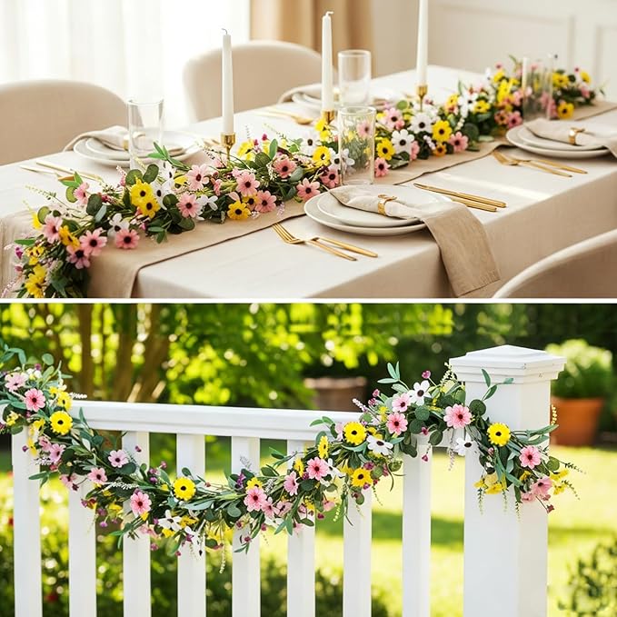 2Pcs 6.5 Ft Summer Flower Vine Garlands Artificial Wildflower Wisteria Lavender Daisy Spring Garland Not Withering Floral Wreath Garland All Year Round Home Decor for Indoor Outdoor Home Wedding Arch