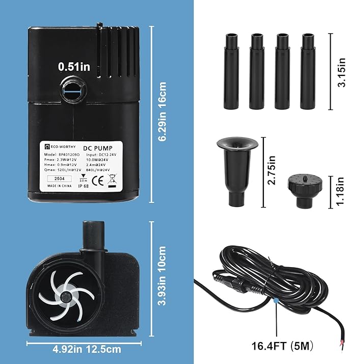 ECO-WORTHY 216 GPH Solar Powered Water Fountain Pump Upgraded Dry-run Protection Brushless Submersible Pump 12V-24V DC with 16.4ft(5M) Power Cord, 7.8 ft High Lift，2Nozzles for Pond, Aquarium