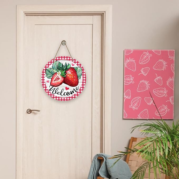Deroro Welcome Spring Summer Strawberry Front Door Sign, Red Fruit Plaid Check Wood Door Hanger Outdoor Outside Porch Decor, Farmhouse Rustic Wooden Wreath Indoor Wall Hanging Decoration