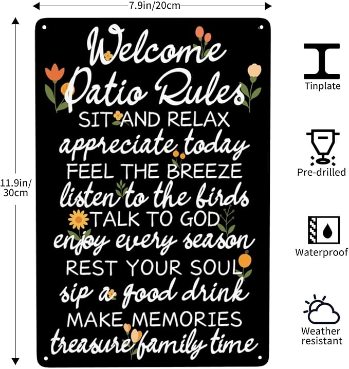 Welcome Patio Rules Vintage Metal Tin Sign Retro Rustproof Funny Art Wall Decor Gift for Home Patio 8x12 Inch