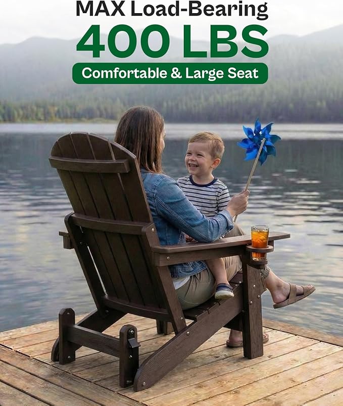 3-Position Adjustable Adirondack Chair with Cup Holder, HDPE All-Weather Outdoor Glider Chair, Wood-Grain Fire Pit Chairs for Pool, Yard, Deck (Coffee Brown)
