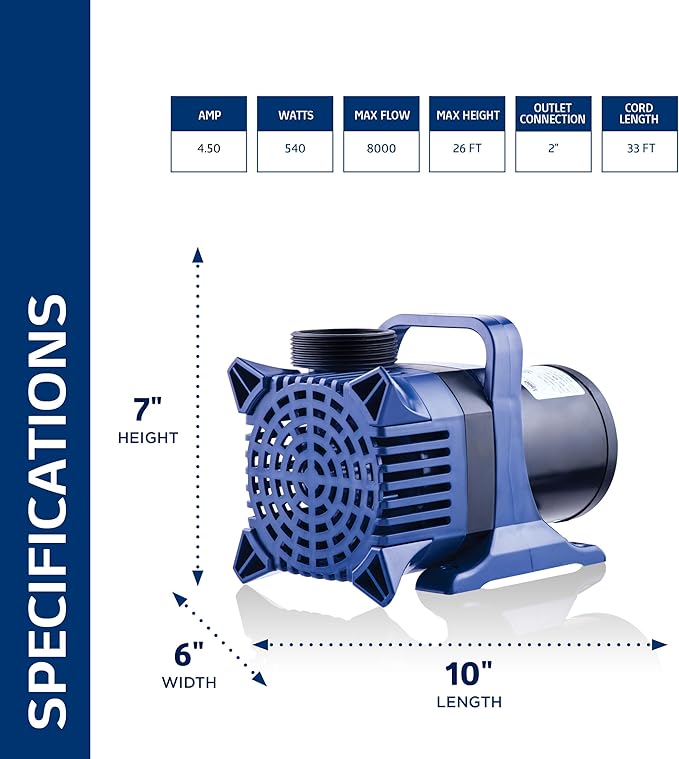 Alpine Corporation PAL8000 | 8000 GPH Submersible Water Pump — Quiet 540W Heavy-Duty Motor, 33-ft Cord & 26-ft Lift — Multi-Angle Flow for Ponds, Waterfalls & Fountains — Durable Outdoor Performance