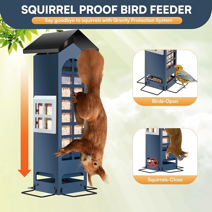 Squirrel Proof Bird Feeder,Metal Mesh Hanging Outdoor Bird Feeders with Weight Activated 2LB Capacity for Finch, Cardinal, Chickadee and Blue Jay-Blue