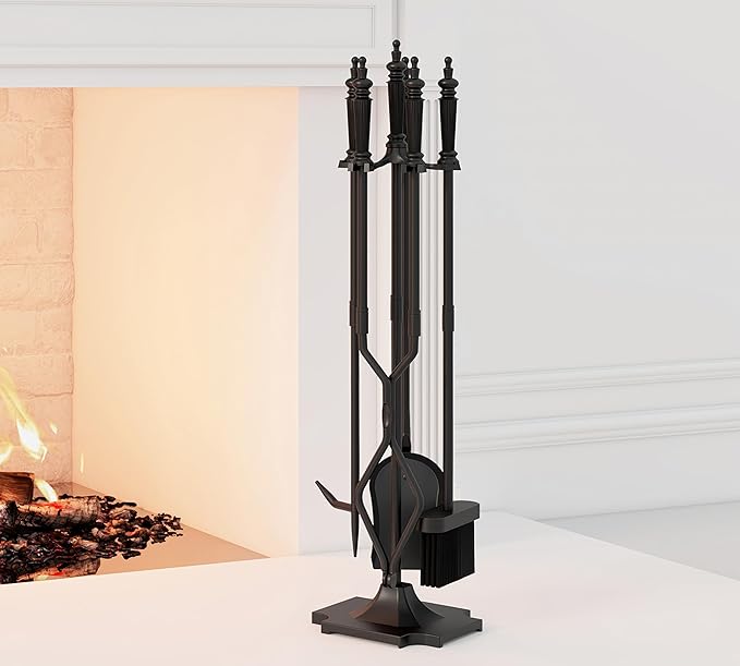 5-Piece Fireplace Tools Set 32.5In Cast Iron Indoor & Outdoor Fireside Accessories Includes Stand, Shovel, Brush, Tong, and Poker