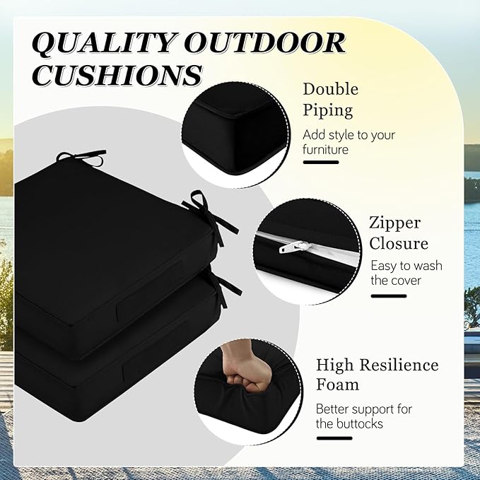 Waterproof Outdoor Chair Cushions Set of 2, Square Outdoor Seat Cushions with Ties and Removable Covers, 19 x 19 Outdoor Cushions for Patio Furniture with Portable Handle(Black)