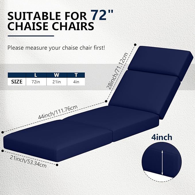 Chaise Lounge Cushions Outdoor, 72 x 21 x 4 Inch Lounge Chair Cushions for Outdoor Furniture - Waterproof Lounge Patio Replacement Cushion, 4In Fade-Resistant ThickPatio Chaise Lounge Cushion