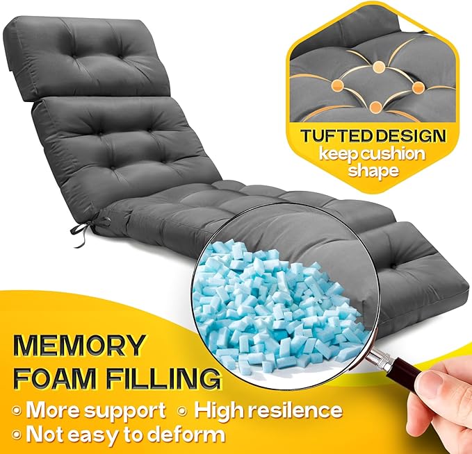 MAGIC ELEPHANT Chaise Lounge Cushion Outdoor, Memory Foam Patio Lounge Chair Cushion with Ties for Indoor Outdoor Furniture, Water-Repellent Replacement Long Chair Cushion (Grey)