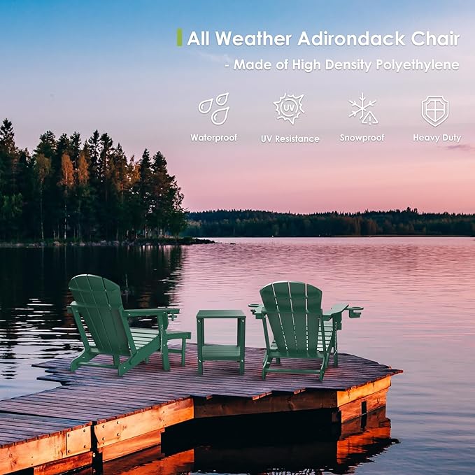 GREENVINES Adirondack-Chairs-with-Ottoman | Set of 6 | Folding | Retractable-Footrest | HDPE Plastic | All Weather Fire Pit Chair | Cup Holders | Forest | for Outdoor Poolside