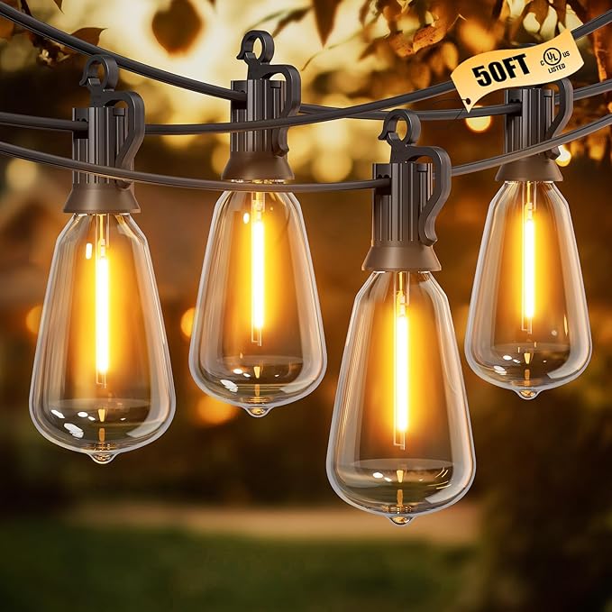 Brightown Outdoor String Lights, 50FT 25+2 LED ST38 LED Patio Lights Shatterproof, Dimmable IP65 Waterproof Connectable Hanging Outdoor Light for Backyard, Porch, Deck, Balcony