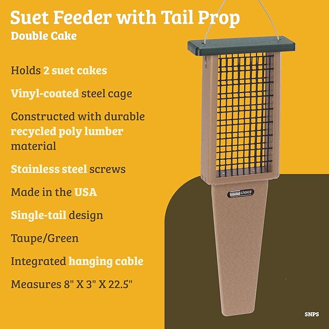 Birds Choice Suet Feeder with Tail Prop, Holds 1 Suet Cake | Hanging Suet Bird Feeder with Roof, Woodpeckers, Jays, Nuthatches | Sturdy for Garden & Backyard | Taupe & Green, 8" L x 3" W x 12" H