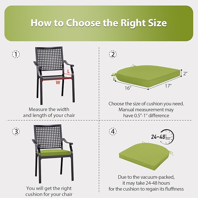 Outdoor Chair Cushions Set of 4, 17x16x2 Inch Patio Furniture Cushions, Water Resistant, Non-Slip Ties (Grass Green)