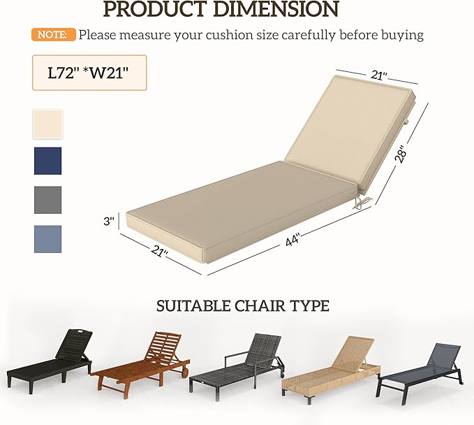 Outsunny Chaise Lounge Cushions Outdoor Set of 2, Fade Resistant, 72 x 21 x 3 in Sun Lounger Replacement Cushions, Patio Lounge Chair Pads with Removable Cover for Pool, Beach, Deck, Lawn, Beige