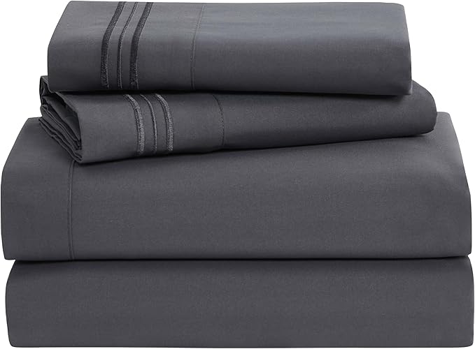 Clara Clark Bed Sheets, Premier 1800 Series 4 Piece Bed Sheet Set, Deep Pocket, Wrinkle, Fade, Stain Resistant, Luxury Soft Bedding Sheets & Pillowcases, Twin, Charcoal Gray
