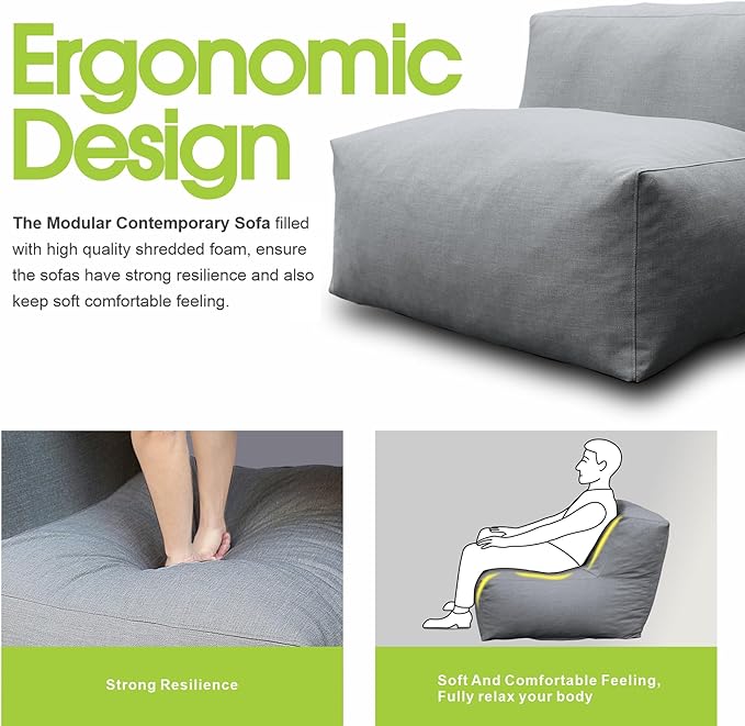 Patio Armless Chair, Outdoor Middle Bean Bag Chair, Daybed Sofa Comfy Couch, Modular Patio Sectional Sofa, Water-Resistant Olefin Fabric, High-Density Foam Filled, Comfy Lounge Seat, Dark Gray
