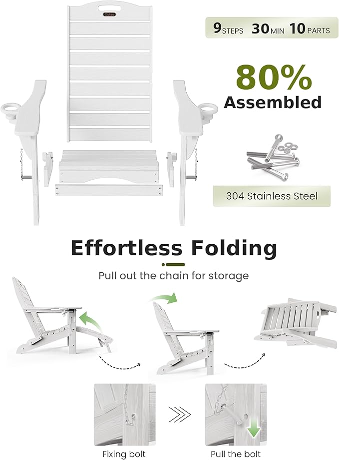 Ciokea Folding Adirondack Chair with Retractable Ottoman Fire Pit Patio Chair with Pull Out Foot Rest Weather Resistant Lawn Outdoor Lounge Chair with 2 Cup Holder (White)