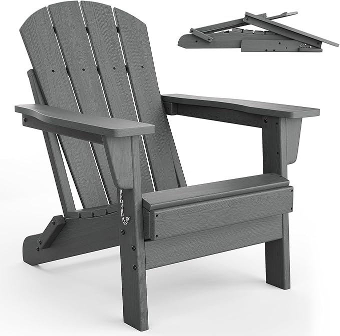 GarveeLife Folding Adirondack Chairs, HDPE Outdoor Patio Chairs All Weather Resistant with Wood Texture for Fire Pit, Deck, Patio, Pool, Backyard - Gray