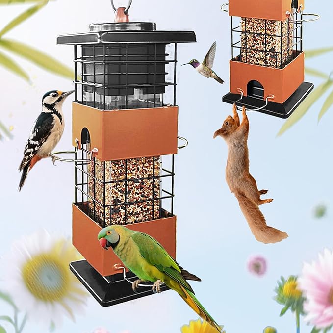 Squirrel Proof Bird Feeder,3Lbs Metal Birdfeeders Squirrel Proof with 4 Feeding Ports for Outside, Birds Seed Feeder for Outdoors, Cardinal, Finch, Sparrow (Brown)