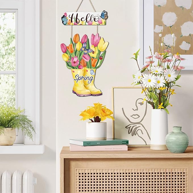 CHDITB Hello Spring Wooden Sign, Floral Butterfly Wooden Hanging Plaque, Tulip Flowers Front Door Hanger, Farmhouse Spring Sign Colorful Tulip Boots Wall Hanging For Porch Garden Fence Shop Decoration