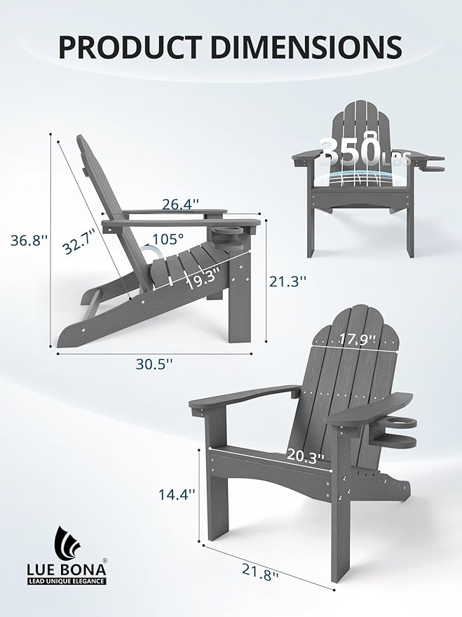LUE BONA HDPE Adirondack Chair,Plastic Adirondack Chairs with Cup Holder Weather Resistant for Outdoor, Patio, Lawn, Garden, Backyard Deck, Fire Pit, Dark Gray