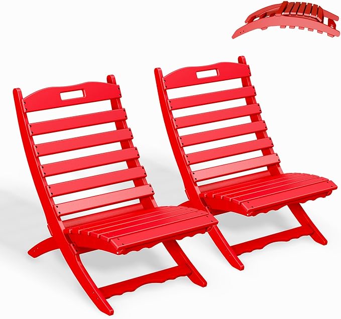 GREENVINES Folding Wave Chairs Set of 2 | Xavier | Portable Adirondack Chair | HDPE | All Weather | Red | for Fire Pit Beach Poolside Outdoor Deck Garden Patio Porch Fishing