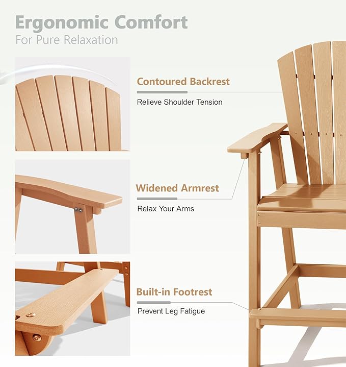 PASAMIC Tall Adirondack Chair Set of 2, All-Weather HDPE Outdoor Chairs with Removable Double Trays, Bar Height Adirondack Chairs for Balcony, Deck, Patio, Backyard, Wood
