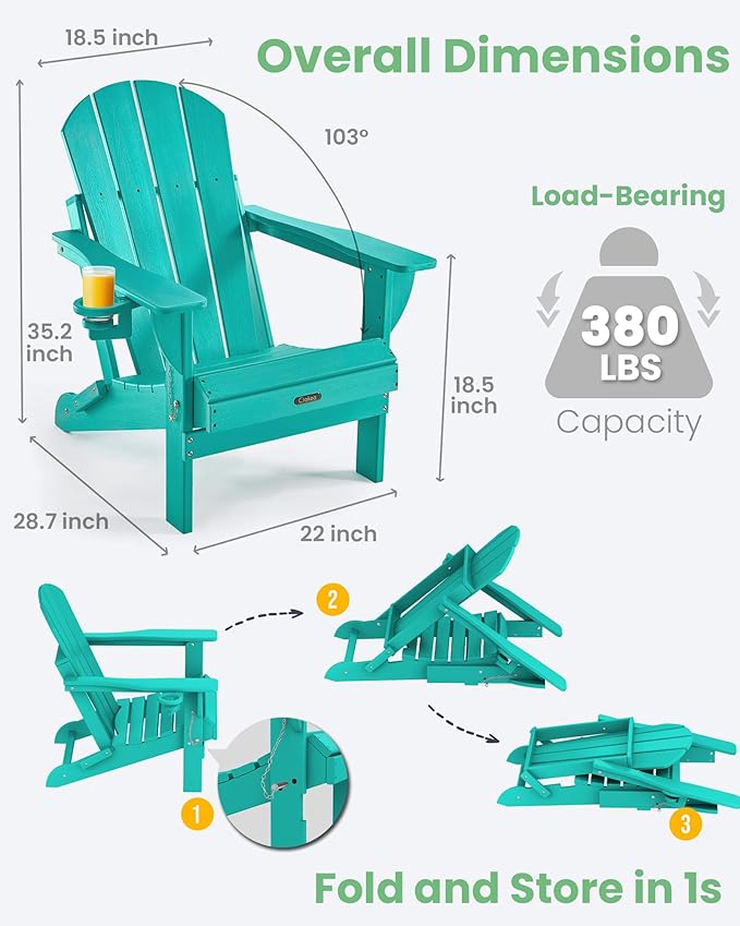 Ciokea Folding Adirondack Chair 4 Pack, Patio Adirondack Chair Weather Resistant, Plastic Fire Pit Chair with Cup Holder, Lawn Chair for Outdoor Porch Garden Backyard Deck (Lake Blue)