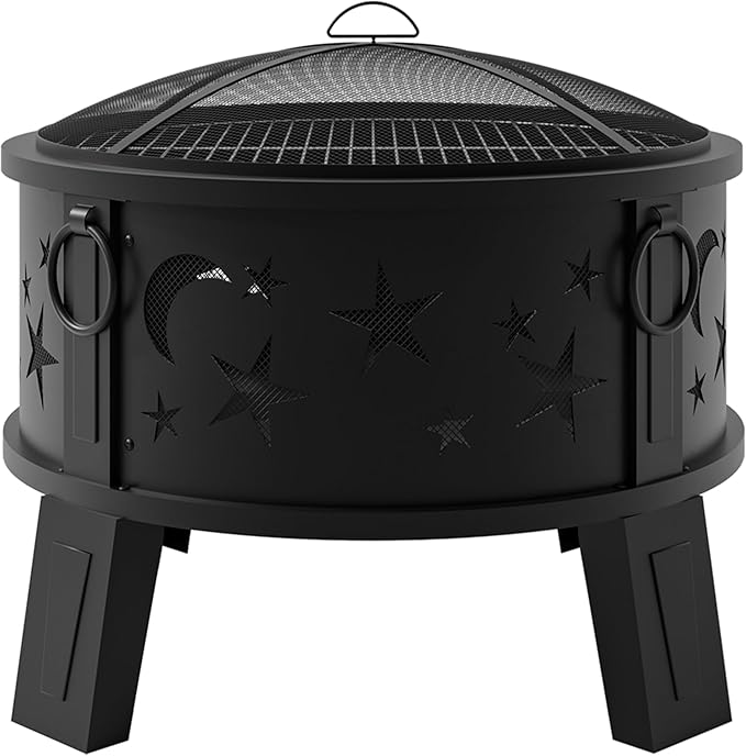 Kingson 26" Outdoor Fire Pit with Grill & Mesh Cover, Wood Burning Steel Firepit with Poker & Star Spark Screen, Heavy Duty Patio Fire Bowl for Backyard, Camping & Garden