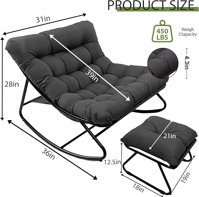 Rocking Chair with Ottoman, Indoor Small Rocking Chair for Nursery, with Foot Rest, Thick Cushion, 5'' Thick, 330lbs Capacity, Metal Frame Rocker Glider Patio for Living Room Bedroom Offices (Brown)